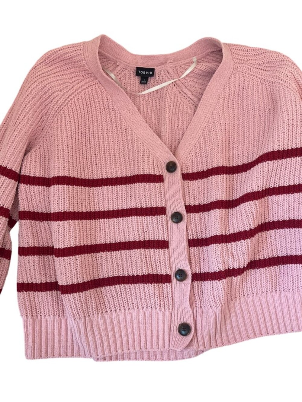 Torrid Cardigan 1X Pink & Red Striped Button-Front Long Sleeves Chunky Cozy Fall